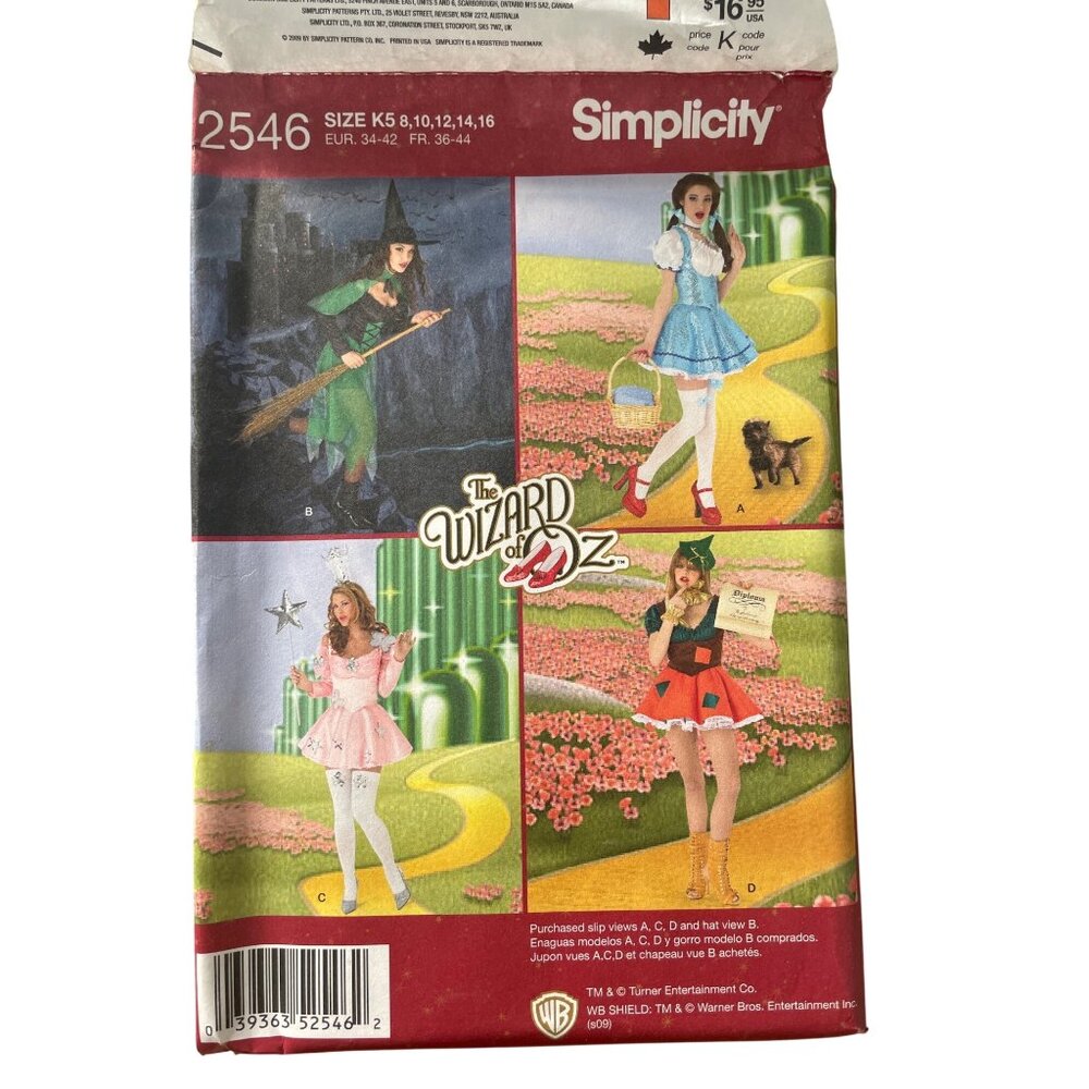 Simplicity 2546 Wizard Of Oz Costume Sewing Pattern 8-16 New Cosplay Party UNCUT